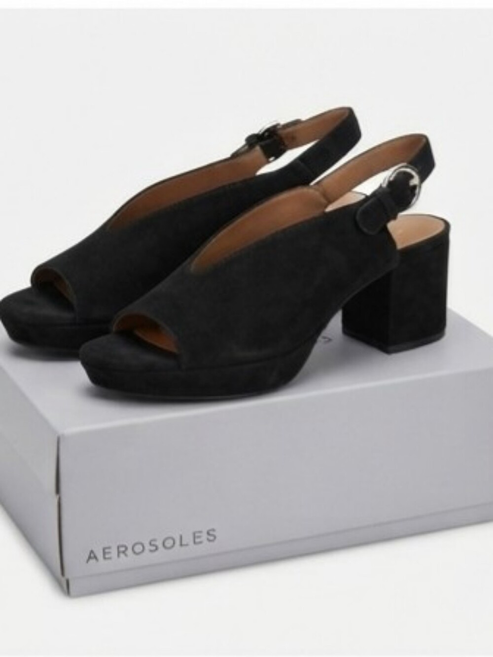 NIB Aerosoles Black Suede Slingback Block Heel Sandals Size 8.5